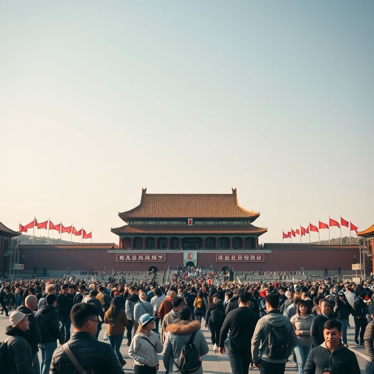 Praça Tiananmen em Pequim, China, com pessoas diversas.