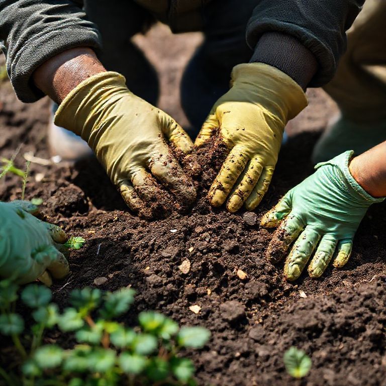 Preparando o solo com composto para a horta escolar.