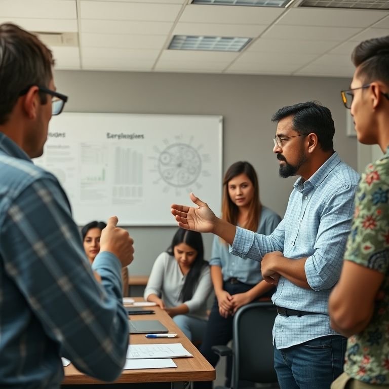 Professor explicando diagrama complexo para estudantes diversos.
