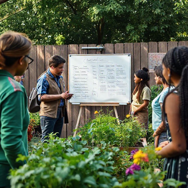 Professor explicando planejamento da horta para voluntários.