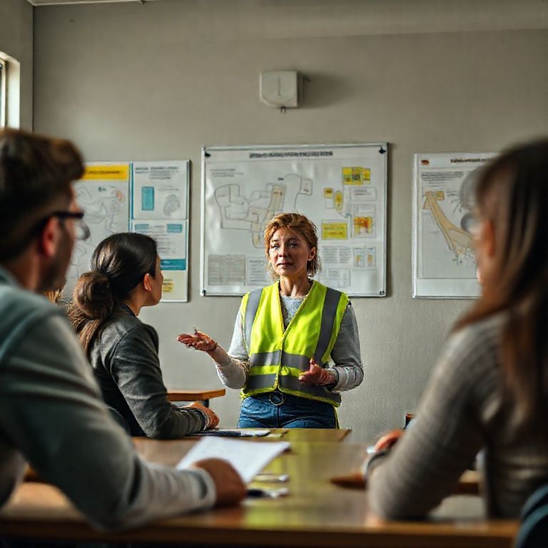 Professora ministra aula sobre segurança no trânsito para adultos em sala de aula.