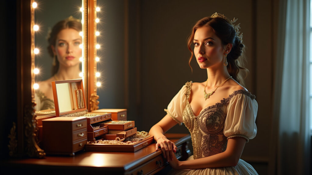 Mulher renascentista em frente à penteadeira.