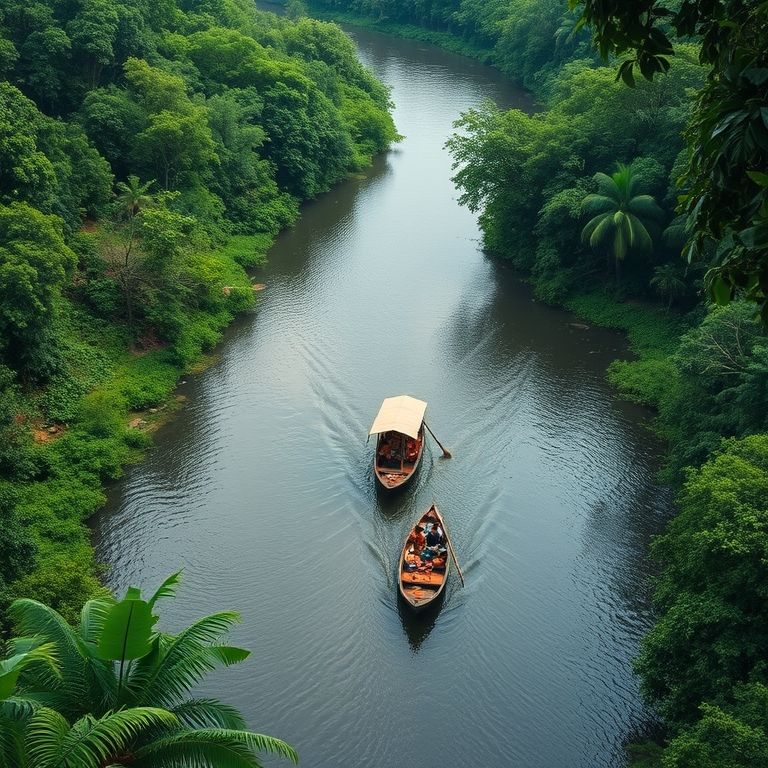 Rio Amazonas serpenteando pela floresta amazônica, com barco indígena.