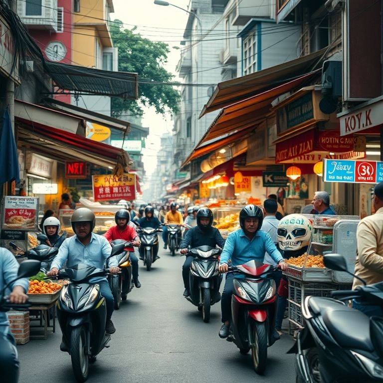 Rua movimentada em Hanói, Vietnã, com mercado e vendedores de comida.