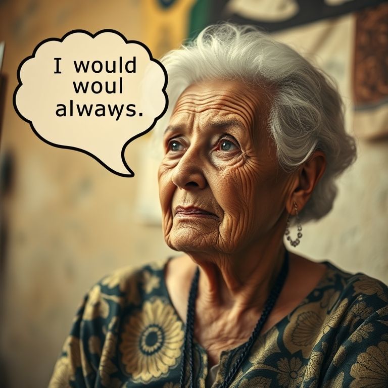 Senhora idosa recordando a juventude, balão de pensamento com 'I would always dance samba'.