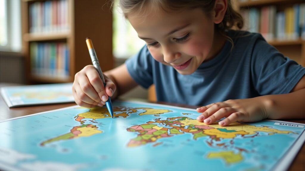 Estudante estudando os continentes em um mapa.