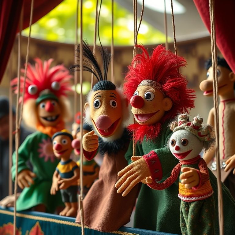 Teatro de fantoches artesanal colorido em estilo brasileiro.