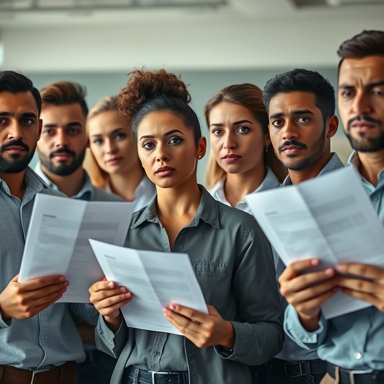 Trabalhadores diversos preocupados com documentos simbolizando demissão.