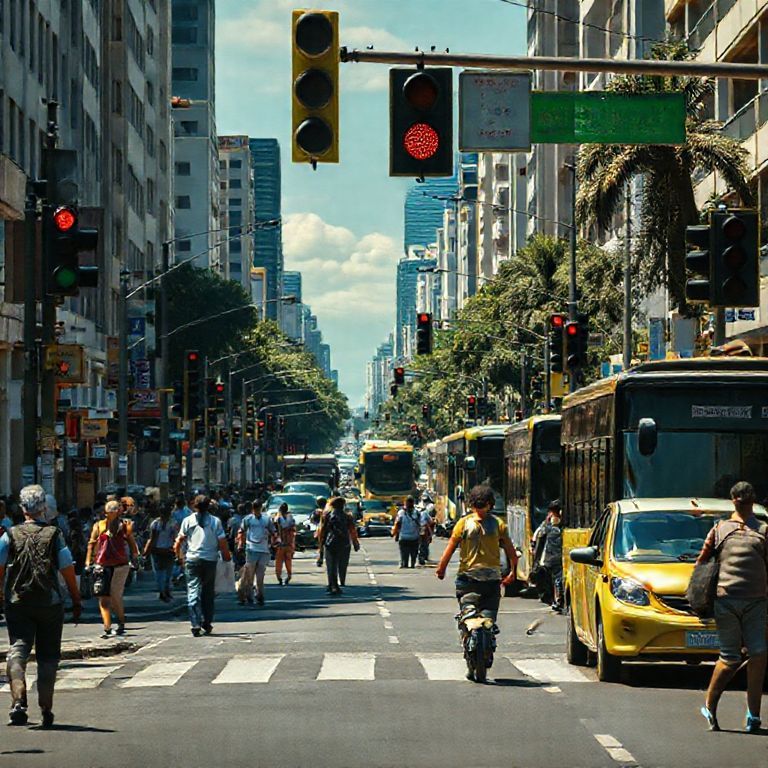 Trânsito movimentado em cidade brasileira, pessoas e veículos seguindo as leis de trânsito.