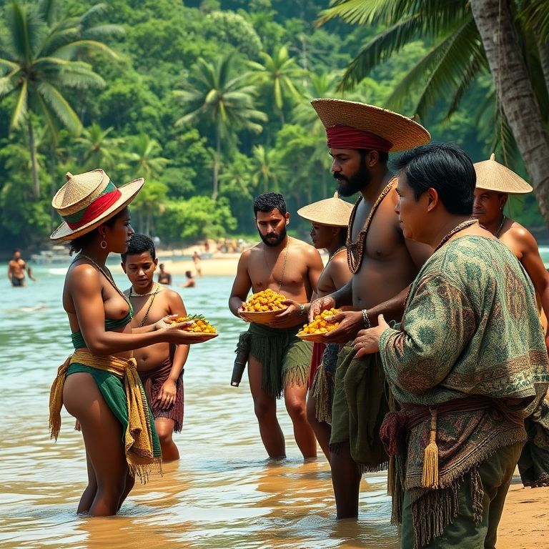 Troca de mercadorias entre indígenas e portugueses no Brasil colonial.