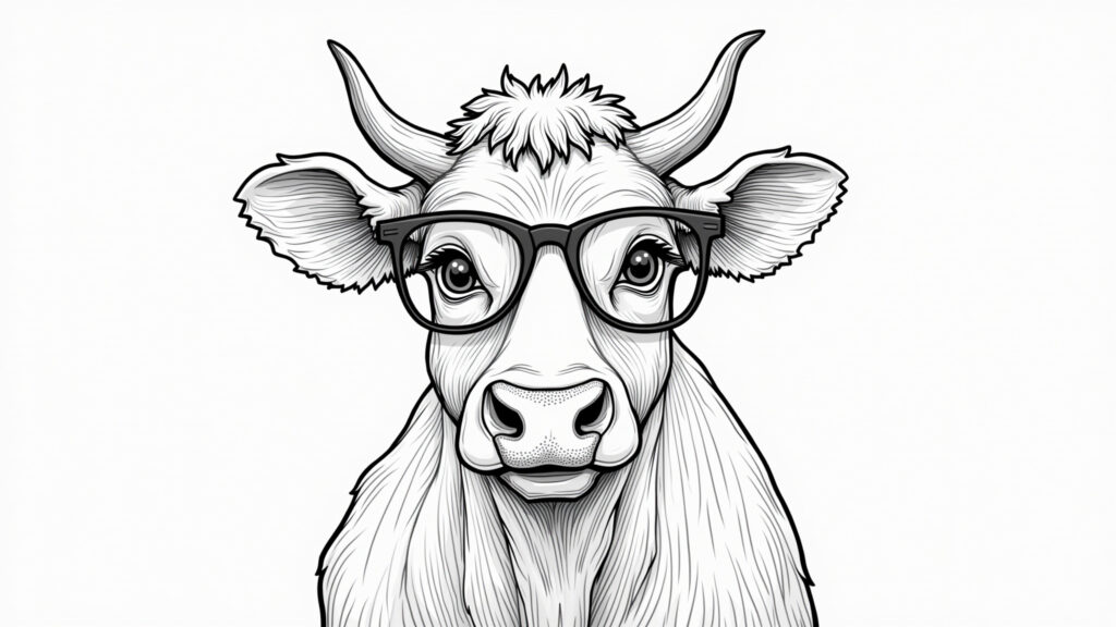 Desenho de vaca diferente para colorir, incentivando a originalidade e a individualidade.