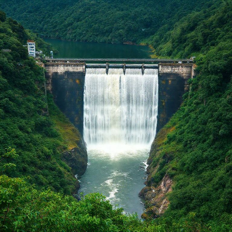 Usina hidrelétrica em Minas Gerais com água em cascata.