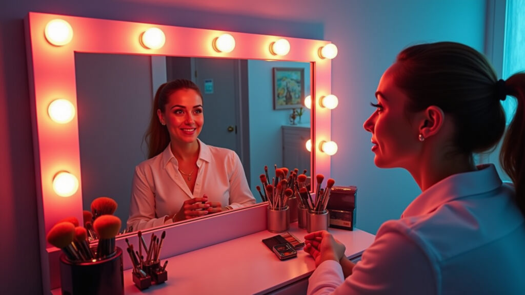 Penteadeira camarim com luzes de Hollywood.