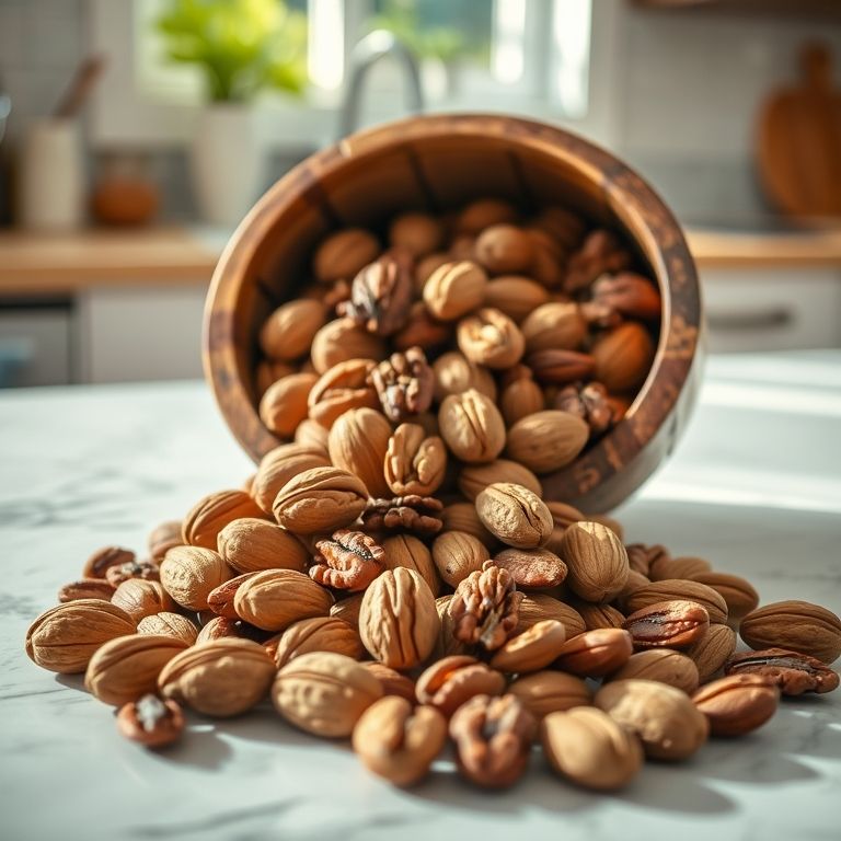 Variedade de nozes, amêndoas e castanhas em uma tigela de madeira.