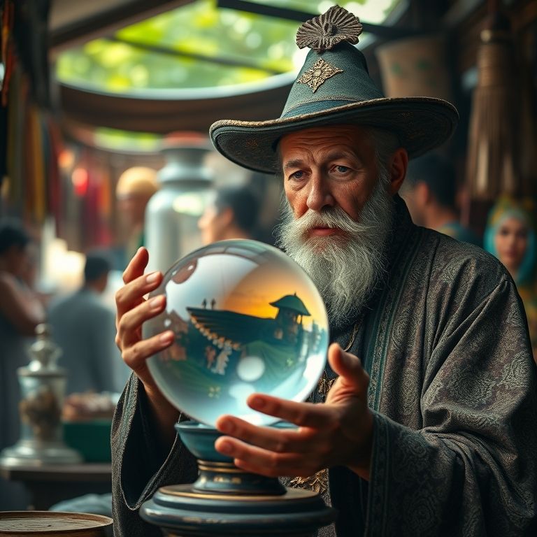 Vidente prevendo o futuro com bola de cristal em mercado brasileiro.