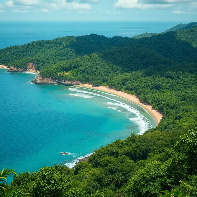 Vista costeira da Mata Atlântica encontrando o oceano na Bahia.