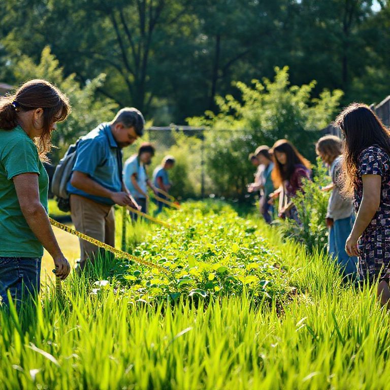 Voluntários escolhendo local ensolarado para horta escolar.