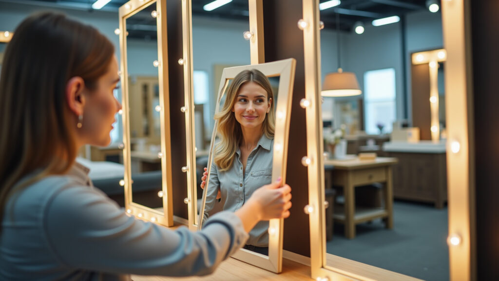 Mulher escolhendo penteadeira em loja de móveis.