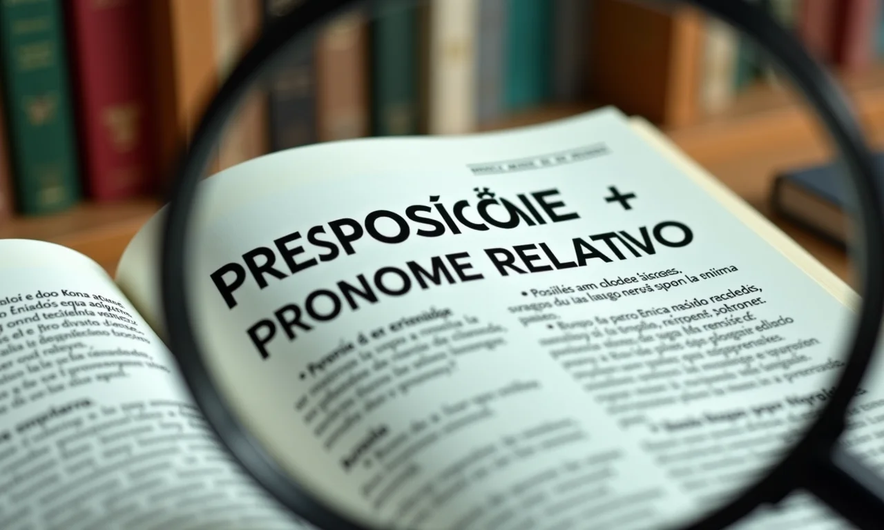A frase 'Preposições + Pronome Relativo' em uma página com explicações detalhadas, com uma lupa focando no texto.