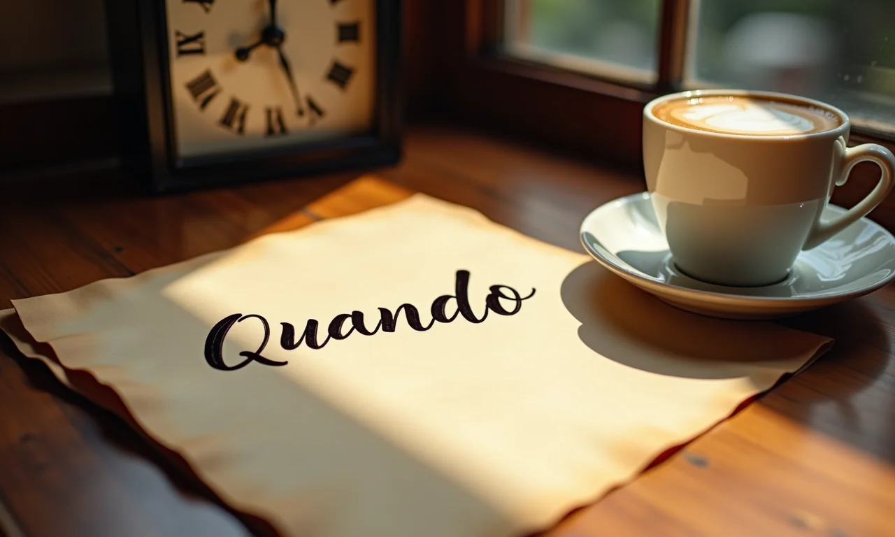 A palavra 'Quando' escrita à mão em um papel antigo, com um relógio e um calendário ao fundo.