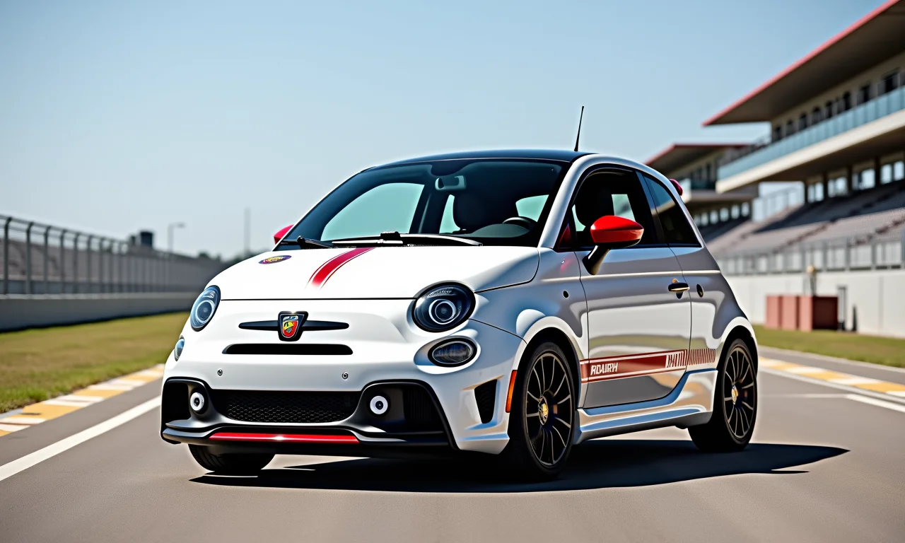 Abarth 500 com o emblema do escorpião perto de um autódromo brasileiro.