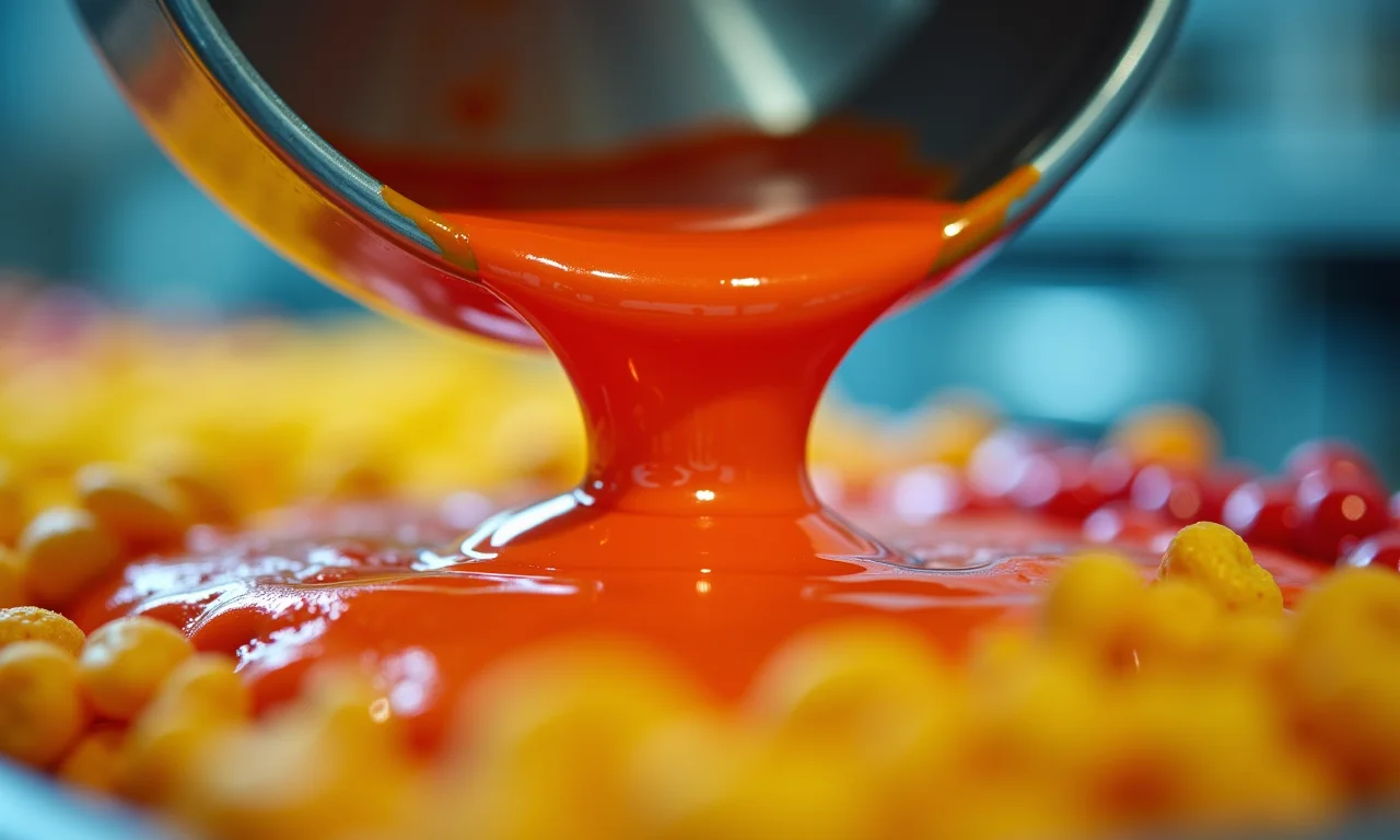 Aditivos químicos sendo adicionados a um produto ultraprocessado em uma fábrica.