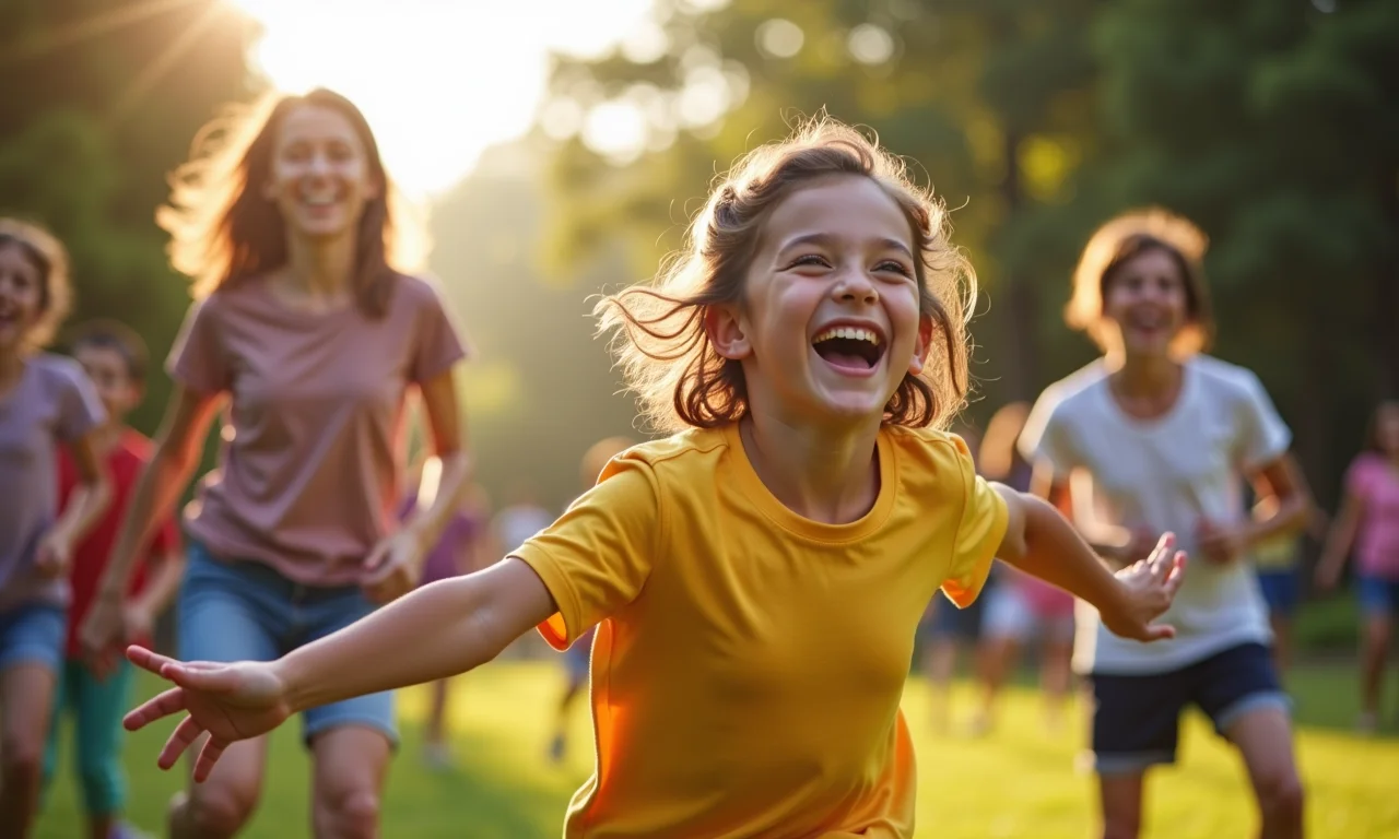 Adultos diversos brincando em parque ensolarado, celebrando o Dia das Crianças.