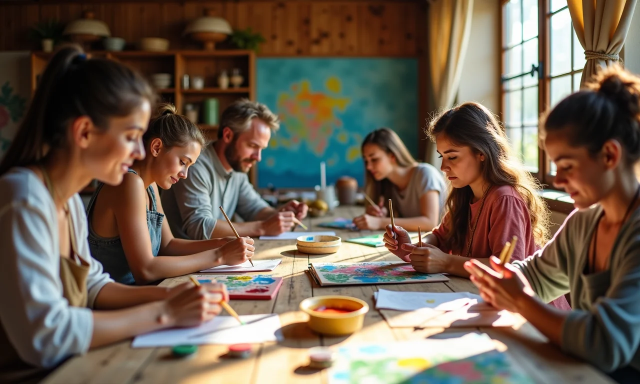 Adultos diversos criando arte juntos em mesa rústica, estilo Farm Rio.