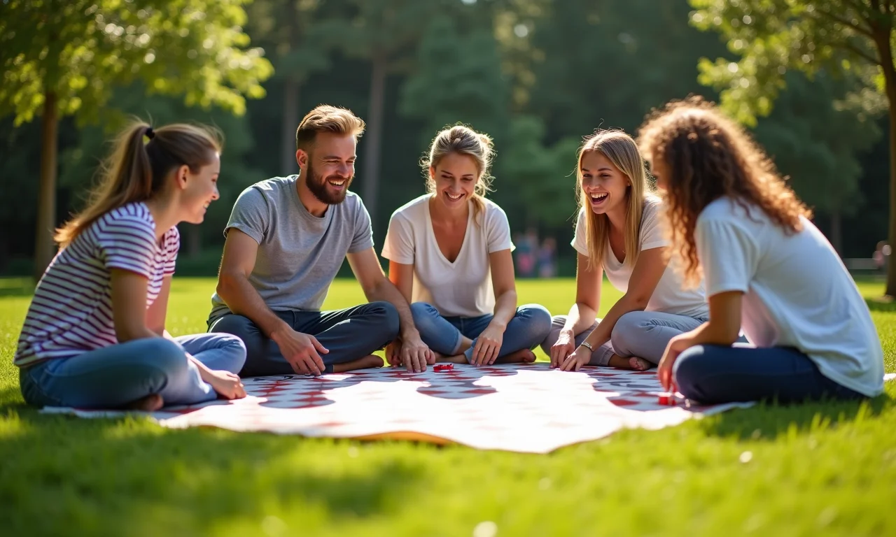 Adultos jogando jogo de tabuleiro gigante ao ar livre, aprendendo e se divertindo.