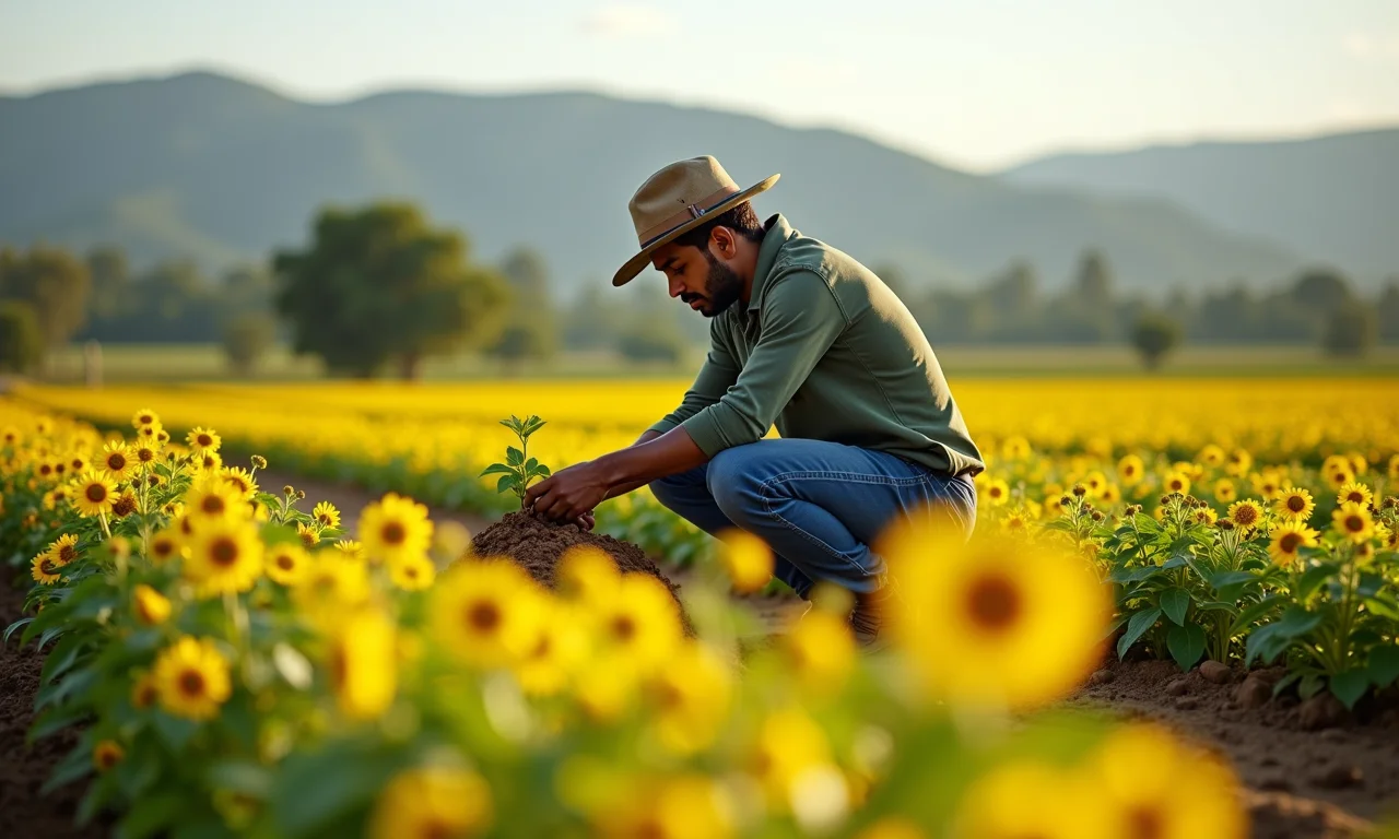 Agricultor examinando solo fértil, representando a relação entre solo e agricultura.
