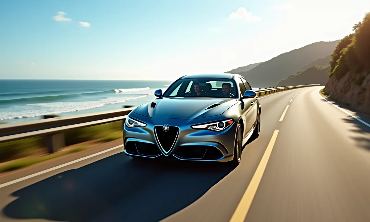 Alfa Romeo Giulia em alta velocidade em estrada costeira brasileira.