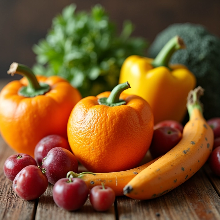 Alimentos coloridos ricos em vitaminas do complexo B dispostos sobre mesa de madeira.