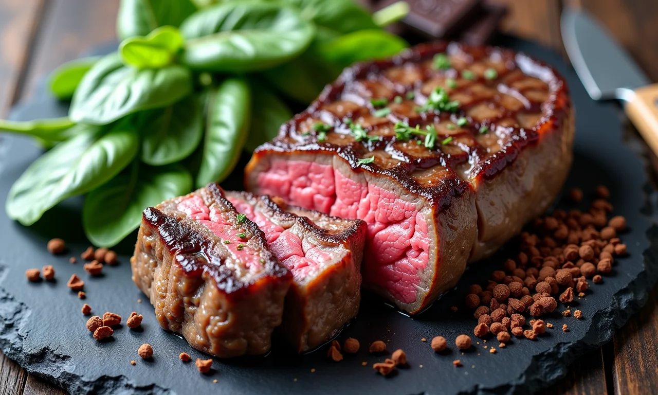 Alimentos diversos que podem escurecer as fezes, incluindo carne, espinafre e chocolate amargo.