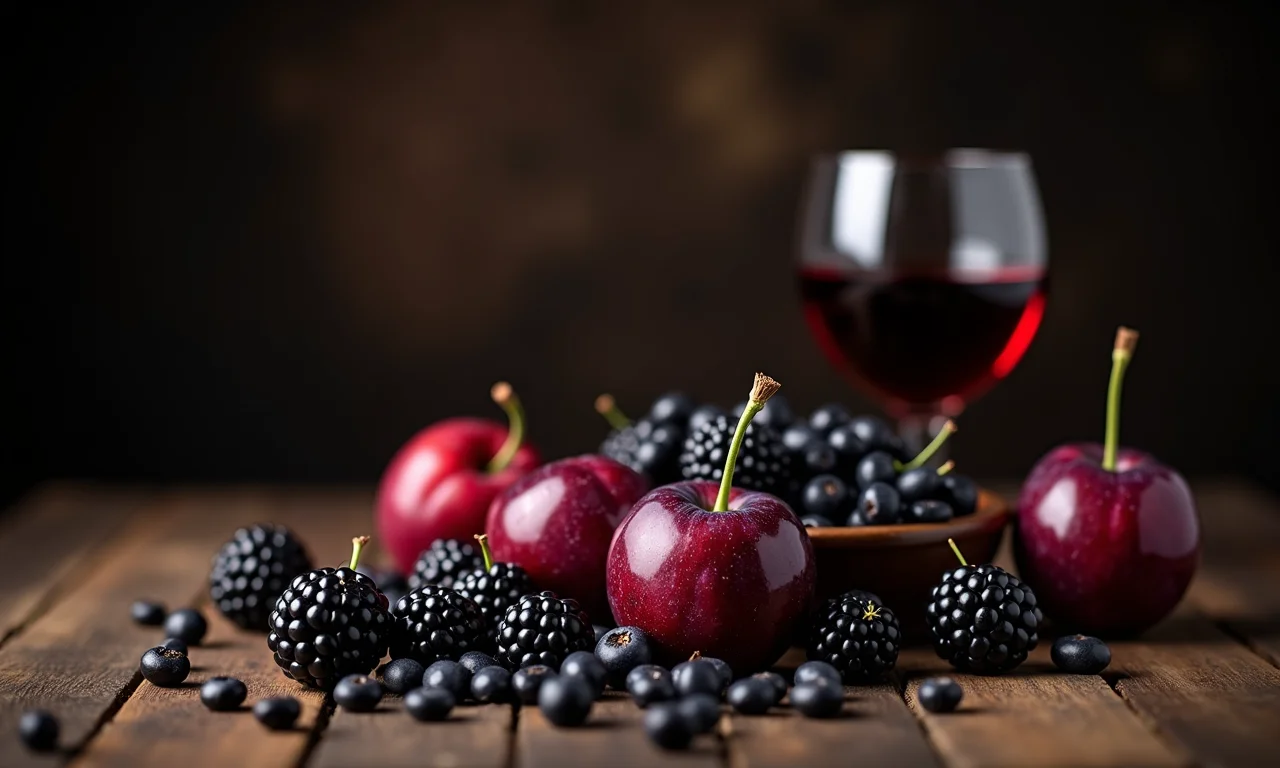 Alimentos escuros, como feijão preto, amoras e vinho tinto, sobre mesa de madeira.