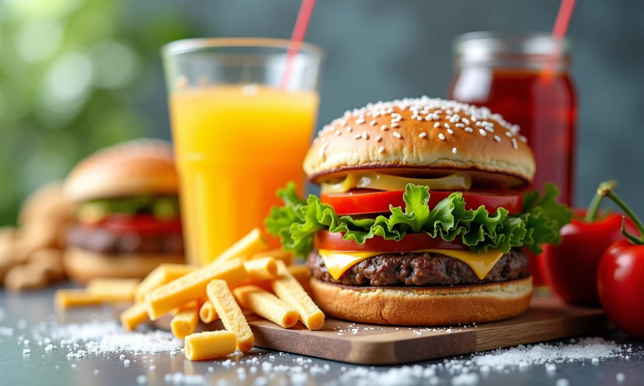 Alimentos ultraprocessados com alto teor de açúcar, sal e gordura.