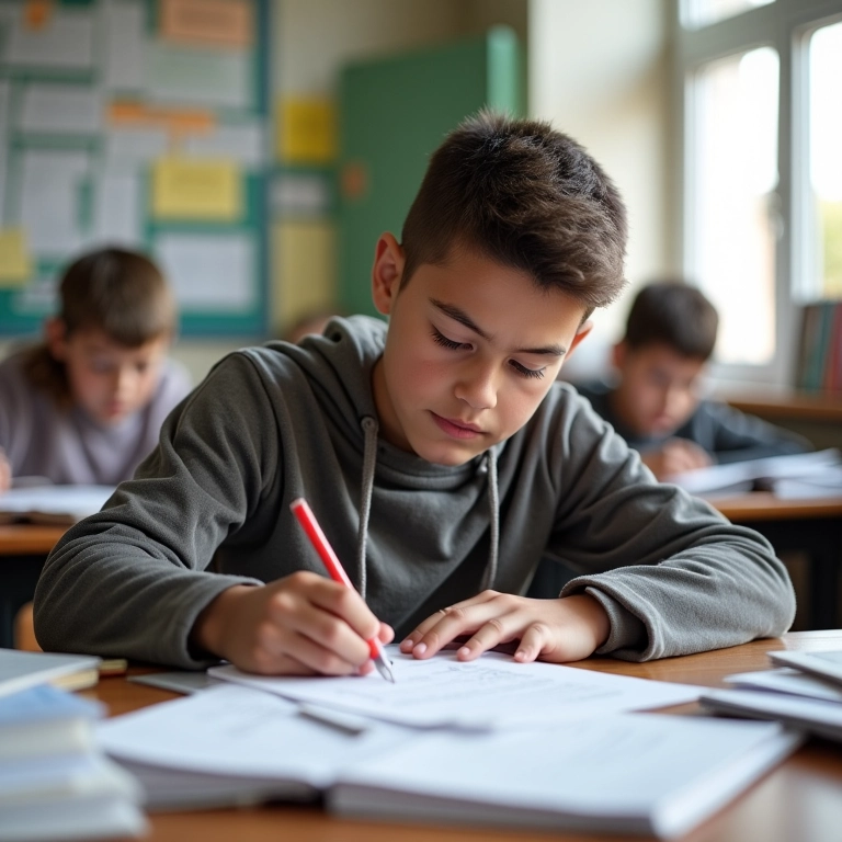 Aluna concentrada resolvendo problema de matemática de forma independente, demonstrando autonomia e foco.