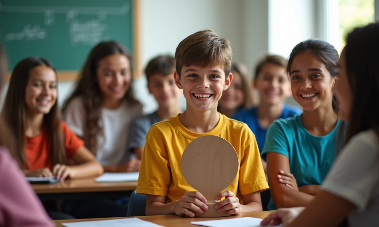 Alunos celebrando o aluno 'mais criativo' com troféu artesanal.