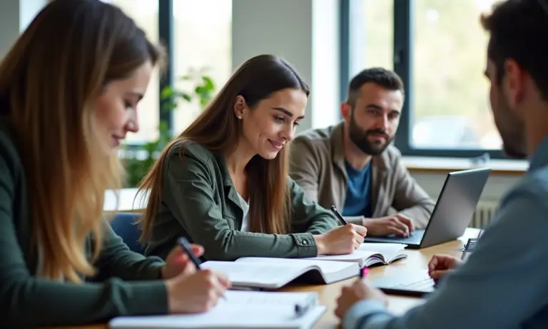 Alunos diversos aprendendo em sala de aula moderna, representando cursos técnicos.