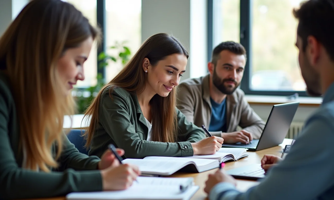 Alunos diversos aprendendo em sala de aula moderna, representando cursos técnicos.