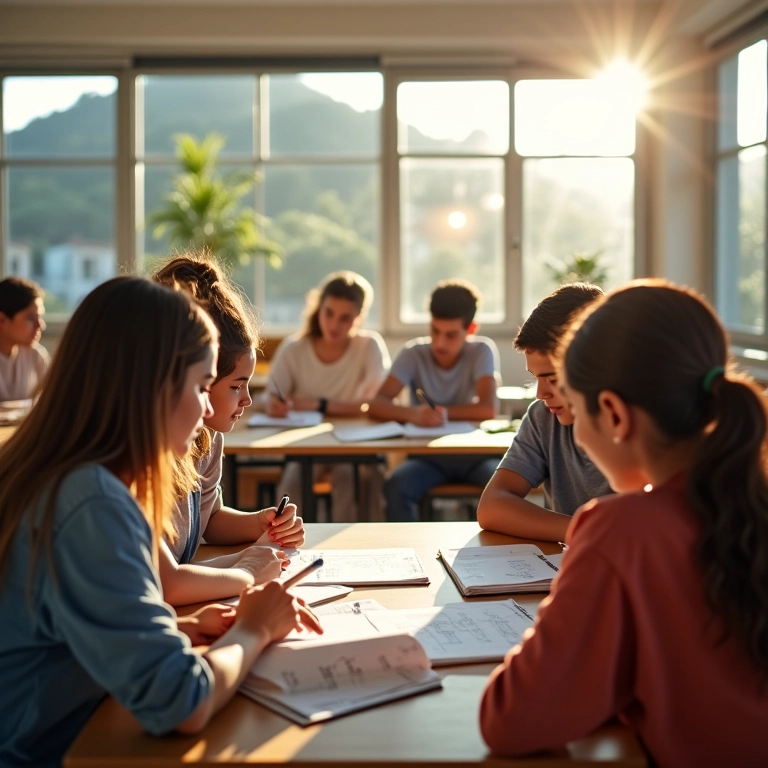 Alunos diversos participando ativamente de aula de matemática em sala de aula moderna e iluminada, utilizando o modelo de sala de aula invertida.