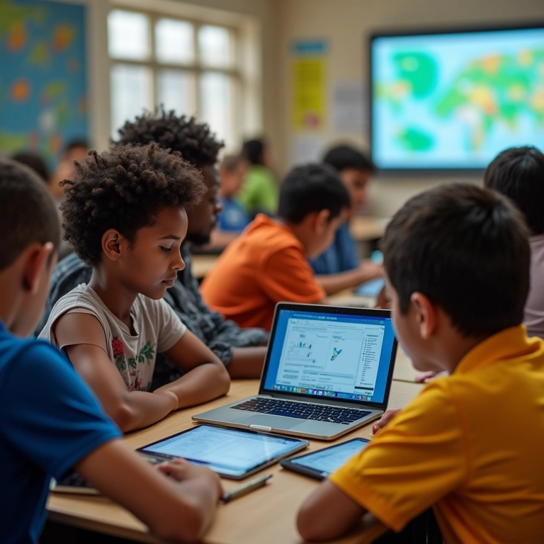 Alunos estudando matemática com tablets e laptops, cada um seguindo seu próprio ritmo de aprendizado personalizado.