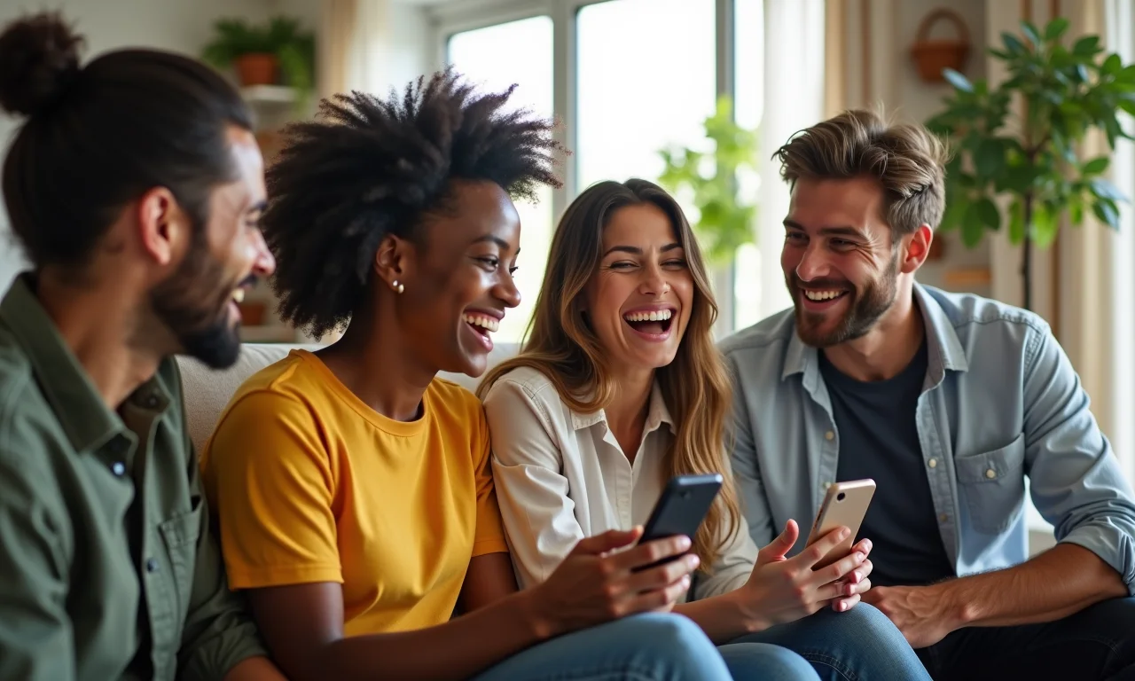 Amigos aproveitando os serviços da Claro em um apartamento vibrante e moderno.