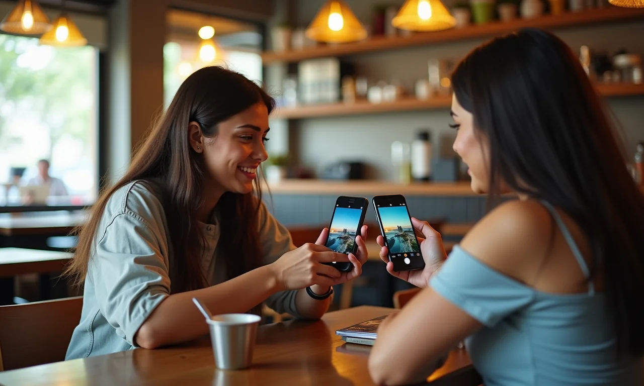 Amigos comparando fotos de viagem com paisagens diferentes em café.