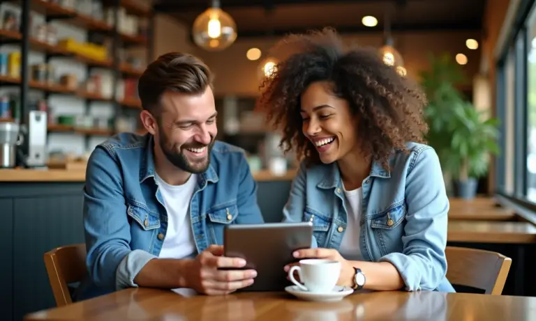 Amigos em café vibrante discutindo finanças.