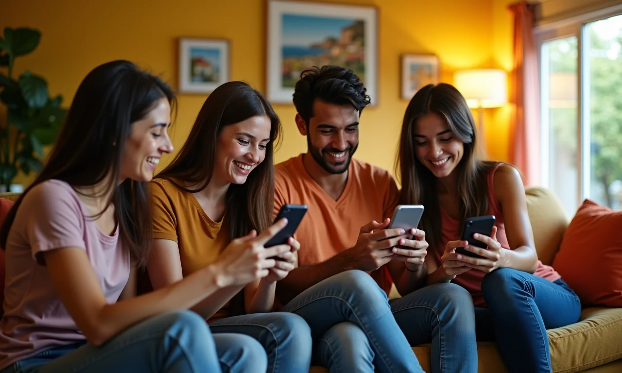 Amigos usando seus dispositivos conectados com Tim Black em casa.