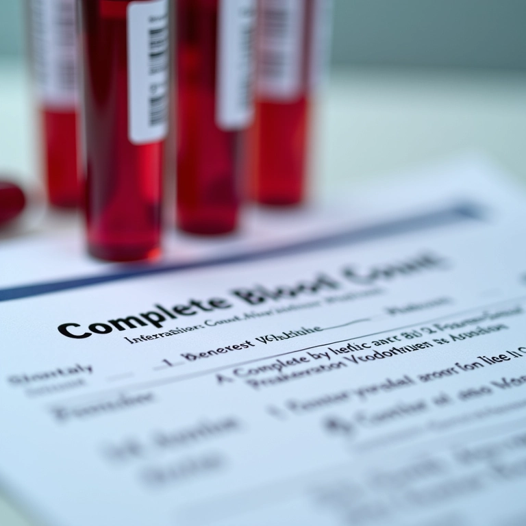 Amostras de sangue com relatório de hemograma completo em laboratório.