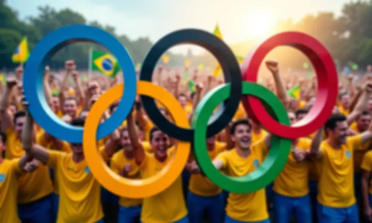 Anéis Olímpicos coloridos com torcida brasileira ao fundo.