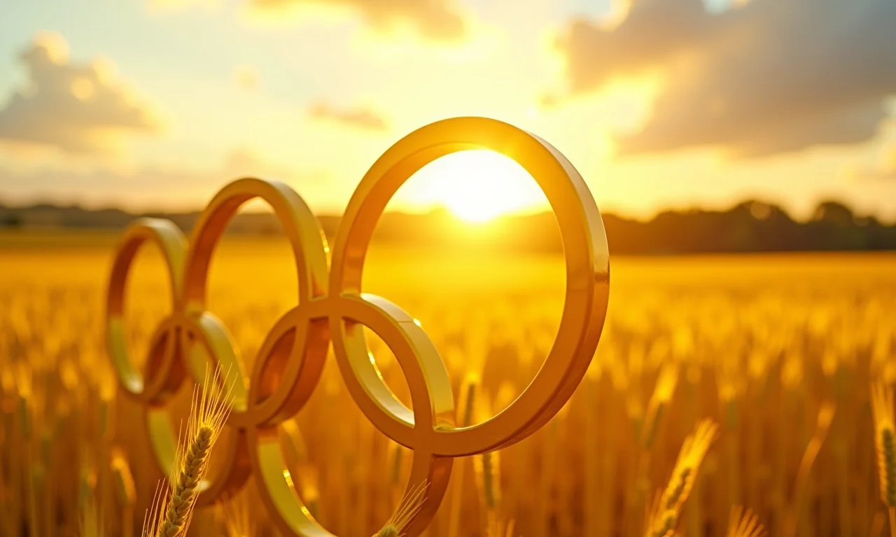 Anel Olímpico amarelo refletindo o sol em campo de trigo.