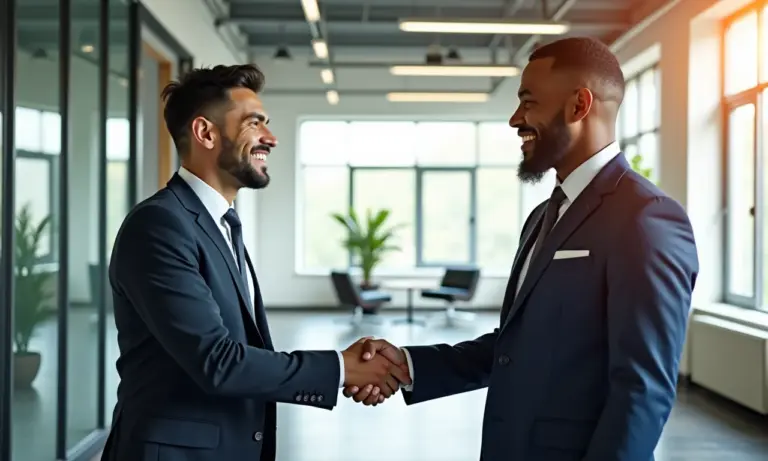 Aperto de mãos selando acordo de negociação internacional entre profissionais diversos.