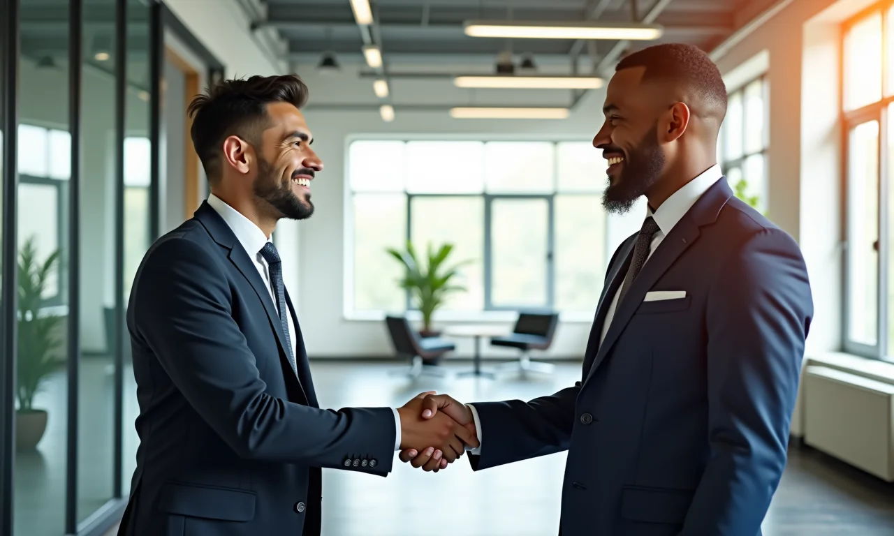 Aperto de mãos selando acordo de negociação internacional entre profissionais diversos.